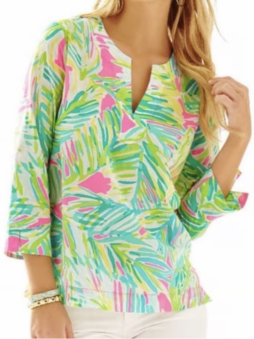 Lilly Pulitzer Amelia Island pink green Cotton Tunic Top Tropical Storm Print XS
